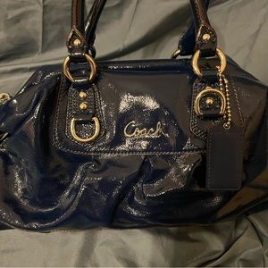 Coach Ashley Patent Lether Satchel Navy With wallet